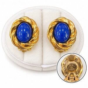 KJL for Avon Earrings Womens Gold Tone Blue Faux Lapis Cabochon Swirl Clip On